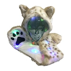 LED Light Up Snow Leopard Hat Scarf Gloves Faux Fur Spirit Hood w/ Paws Cosplay